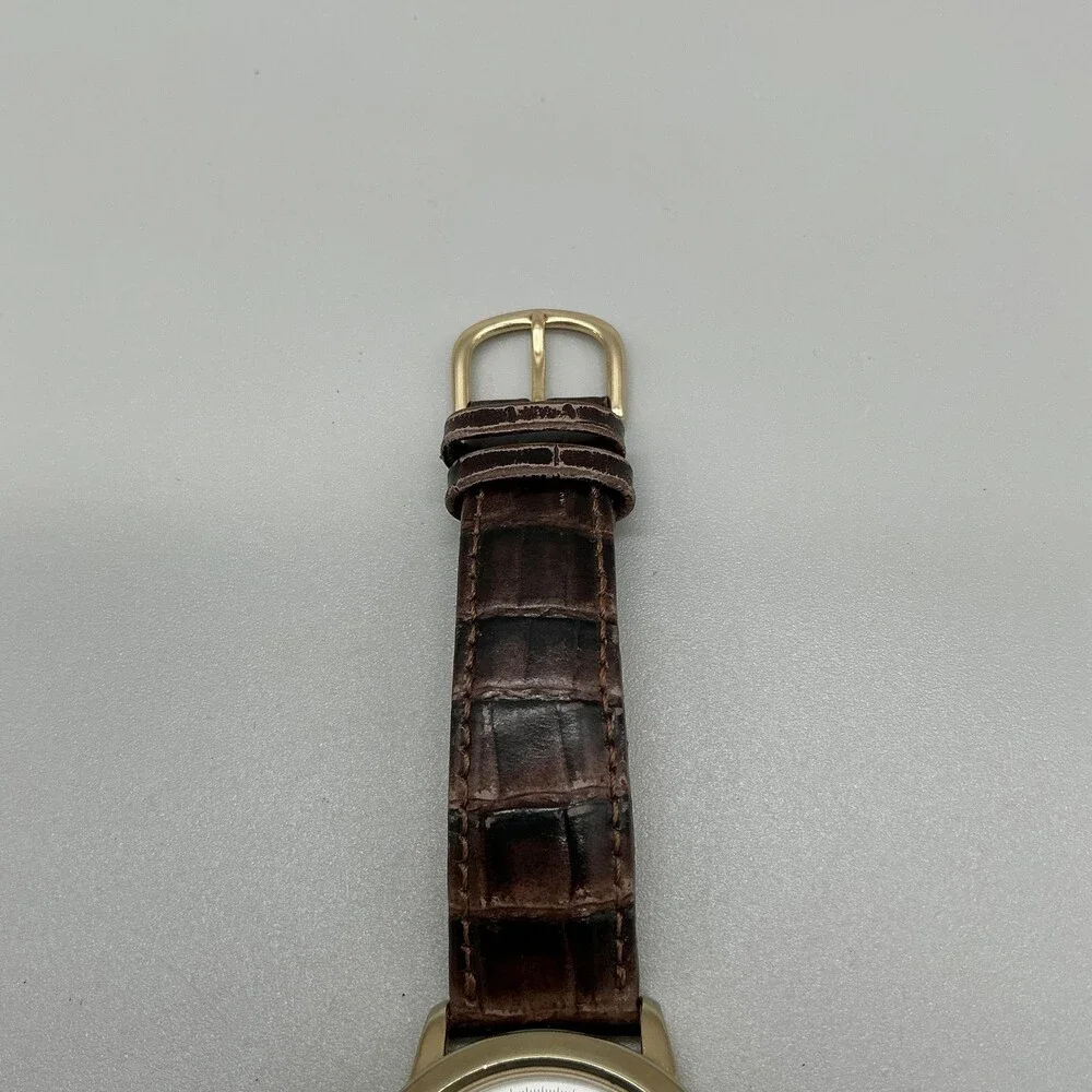 Vintage Timex Indiglo Mens Watch 37mm White Dial Brown Leather Quartz Day Date